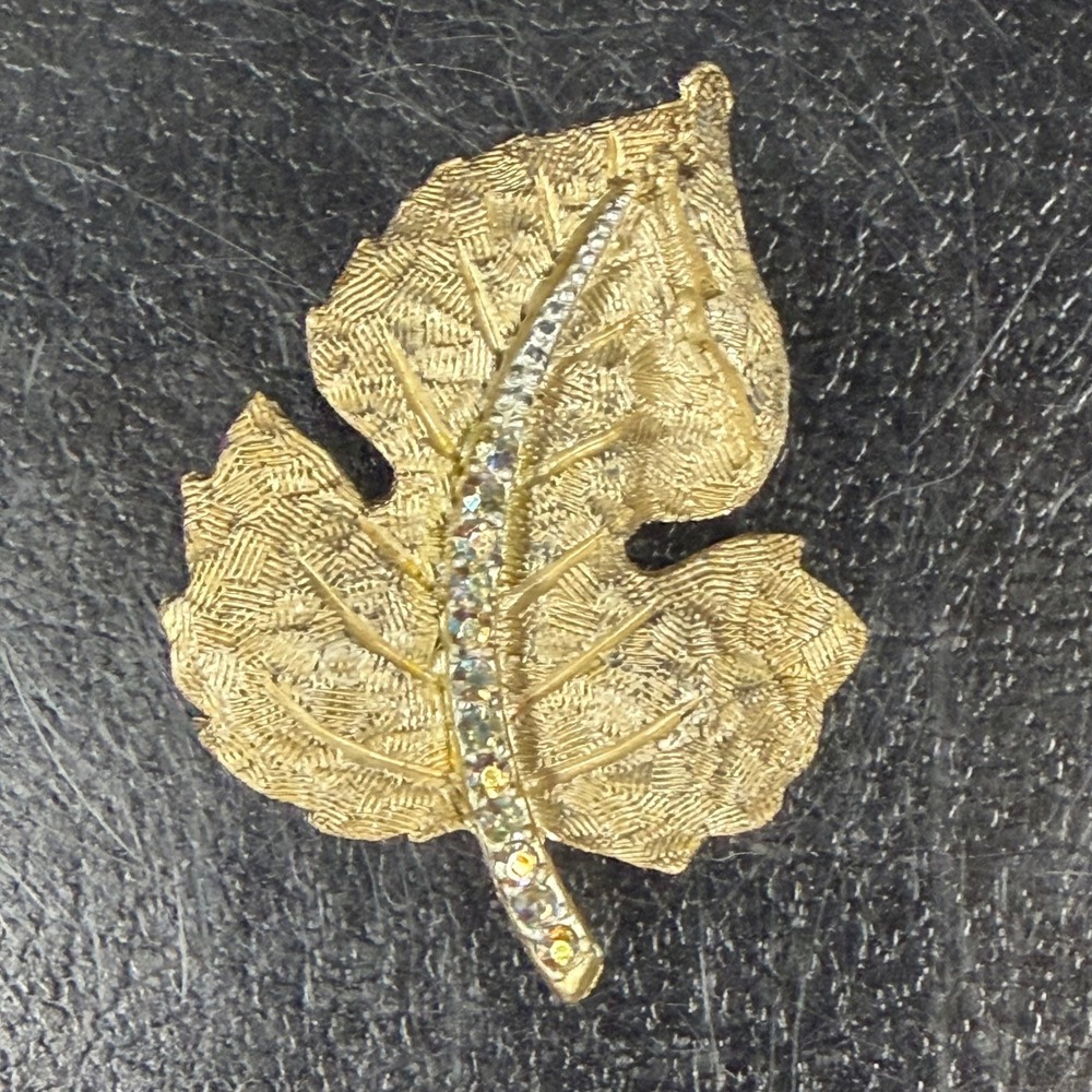 Vintage Gold Tone Leaf Brooch AB Rhinestone Textured Mid Century Nature Pin